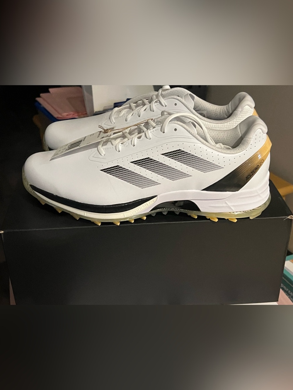 adidas ADIZERO ZG Men’s White Athletic Golf Shoes with Black Stripes
